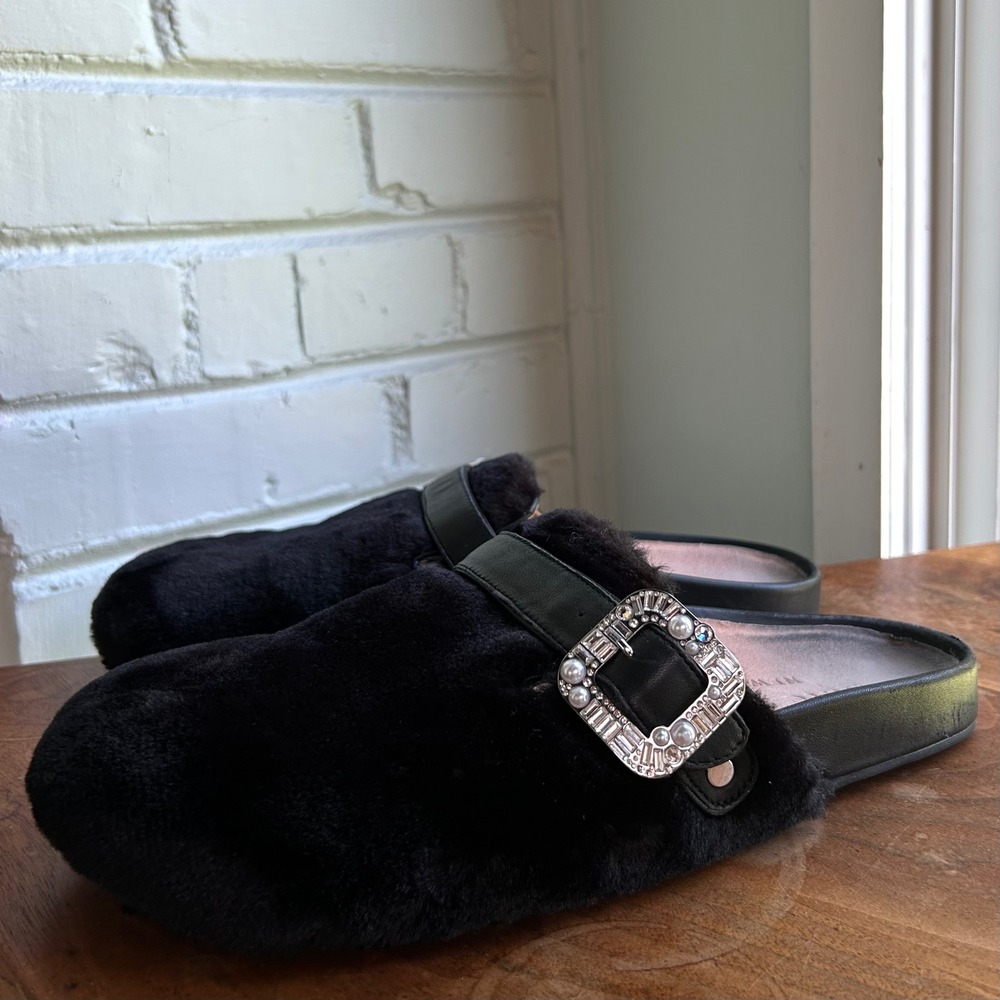 Kate Spade Cici Faux Fur Jeweled Buckle Slide Mule Flats Black 8.5 Quiet Luxury